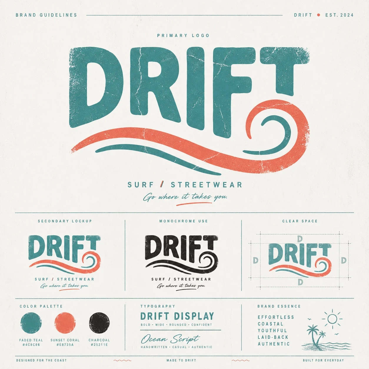 Drift primary logo — bold worn wordmark with hand-drawn teal and coral wave underline