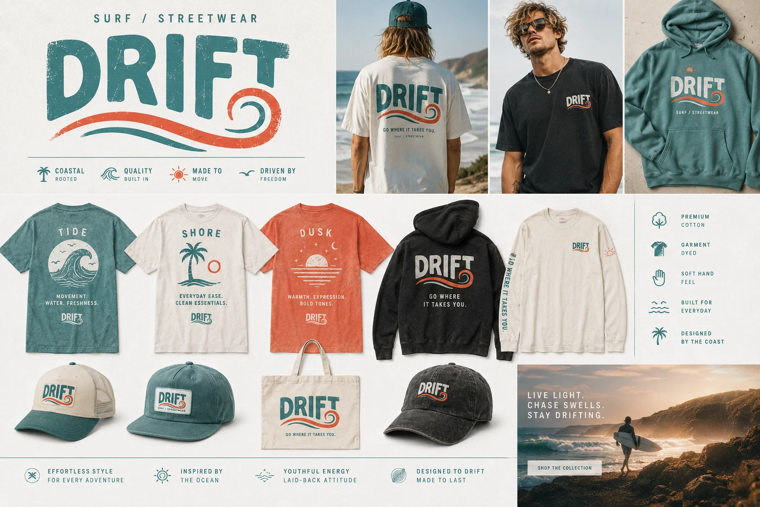 Drift apparel collection — tees, hoodie, caps and tote in faded teal, coral and charcoal