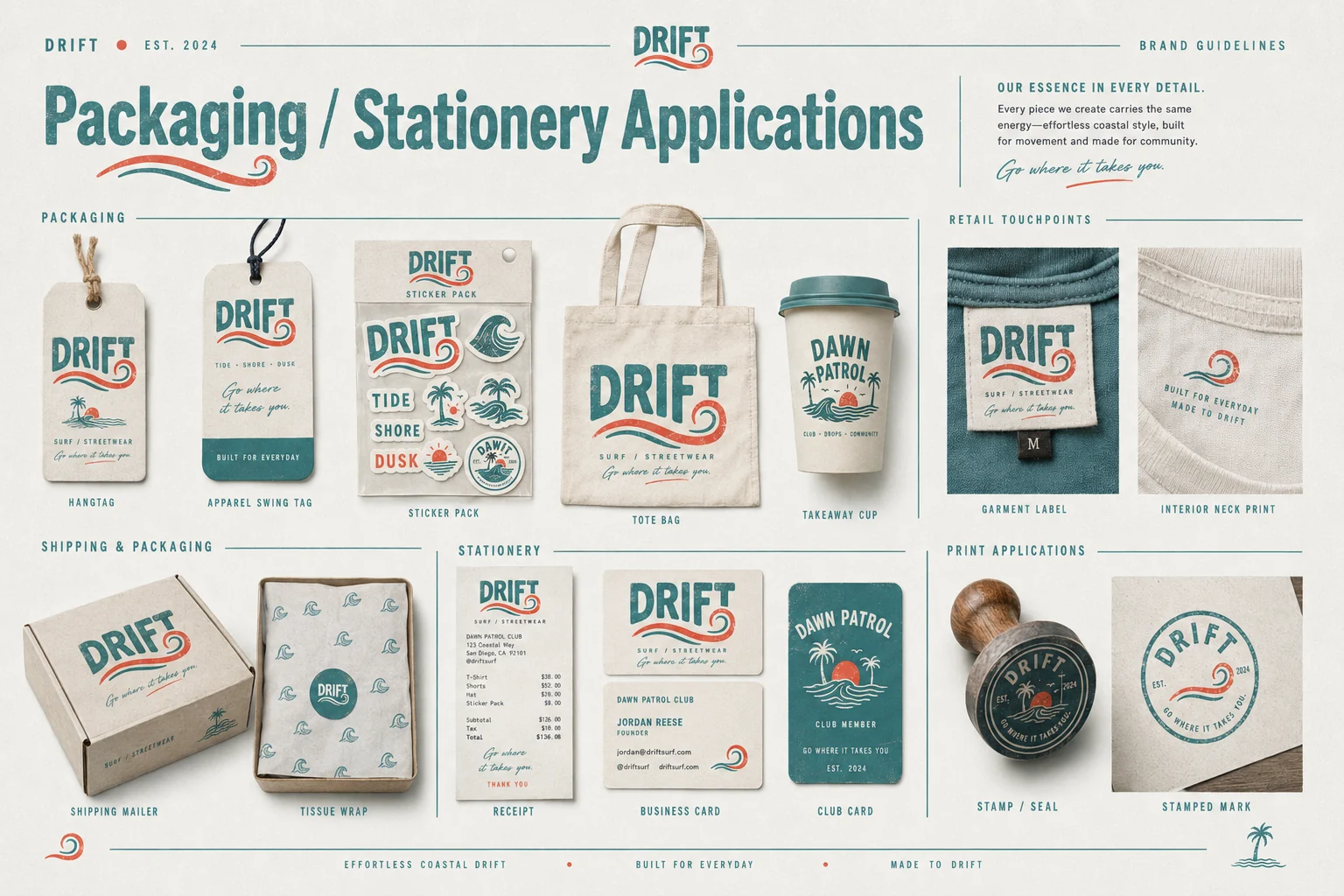 Drift packaging and stationery — hangtags, sticker pack, tote, takeaway cup, mailer, business cards and stamp