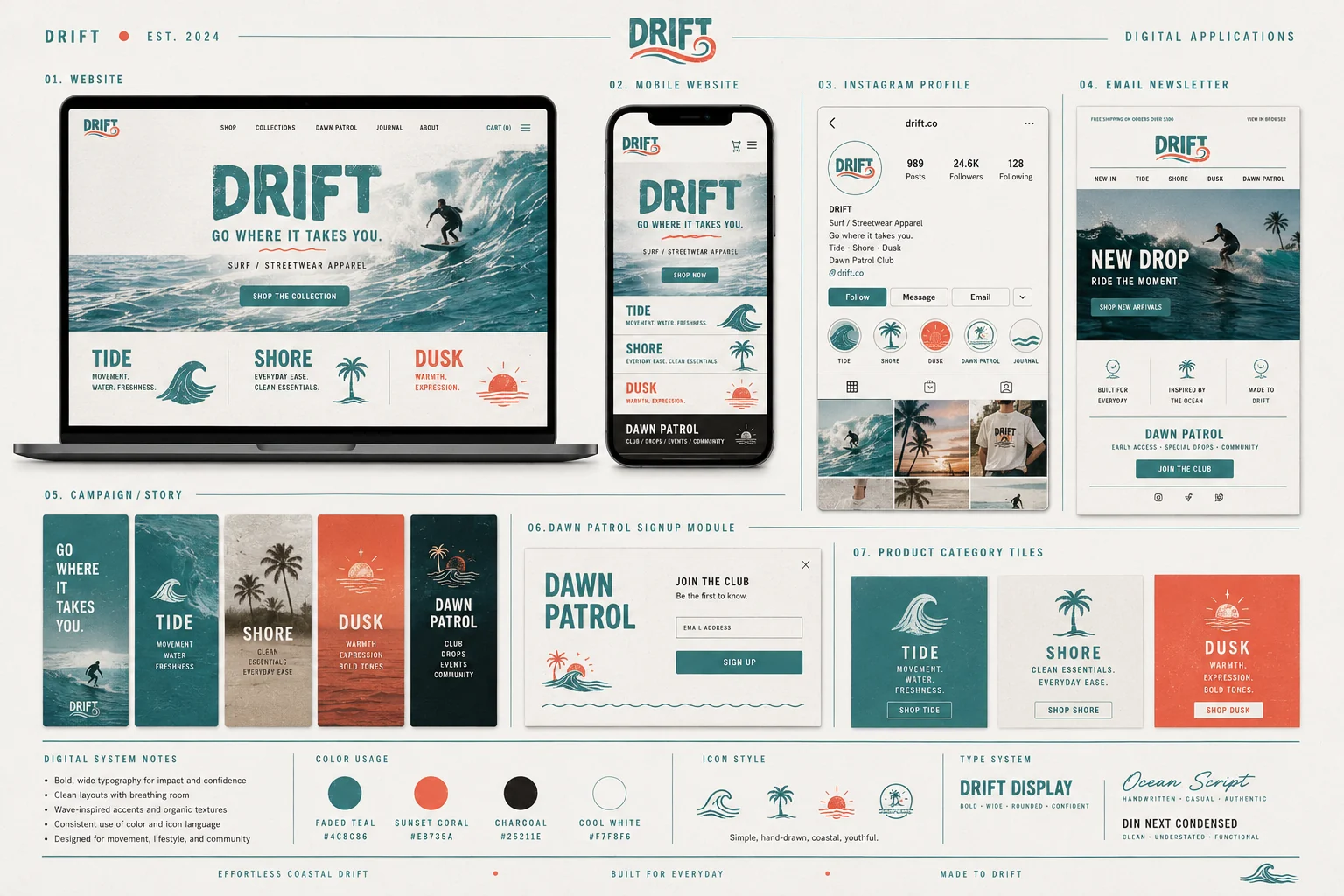 Drift digital applications — website, mobile store, Instagram profile, email newsletter and Dawn Patrol signup