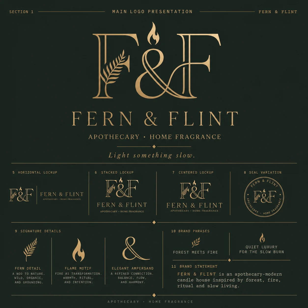 Fern & Flint primary logo — F&F monogram with fern detail and flame motif, plus horizontal, stacked and centred lockups and circular seal