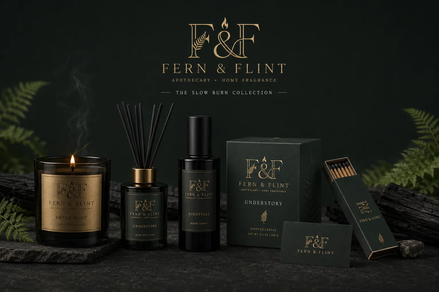 Fern & Flint Slow Burn collection — smoked glass candle, reed diffuser, room spray, rigid candle box, matchbox and business card on stone