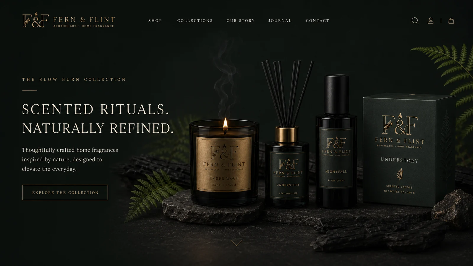Fern & Flint website homepage — dark hero with the Slow Burn collection, navigation and explore-the-collection call to action