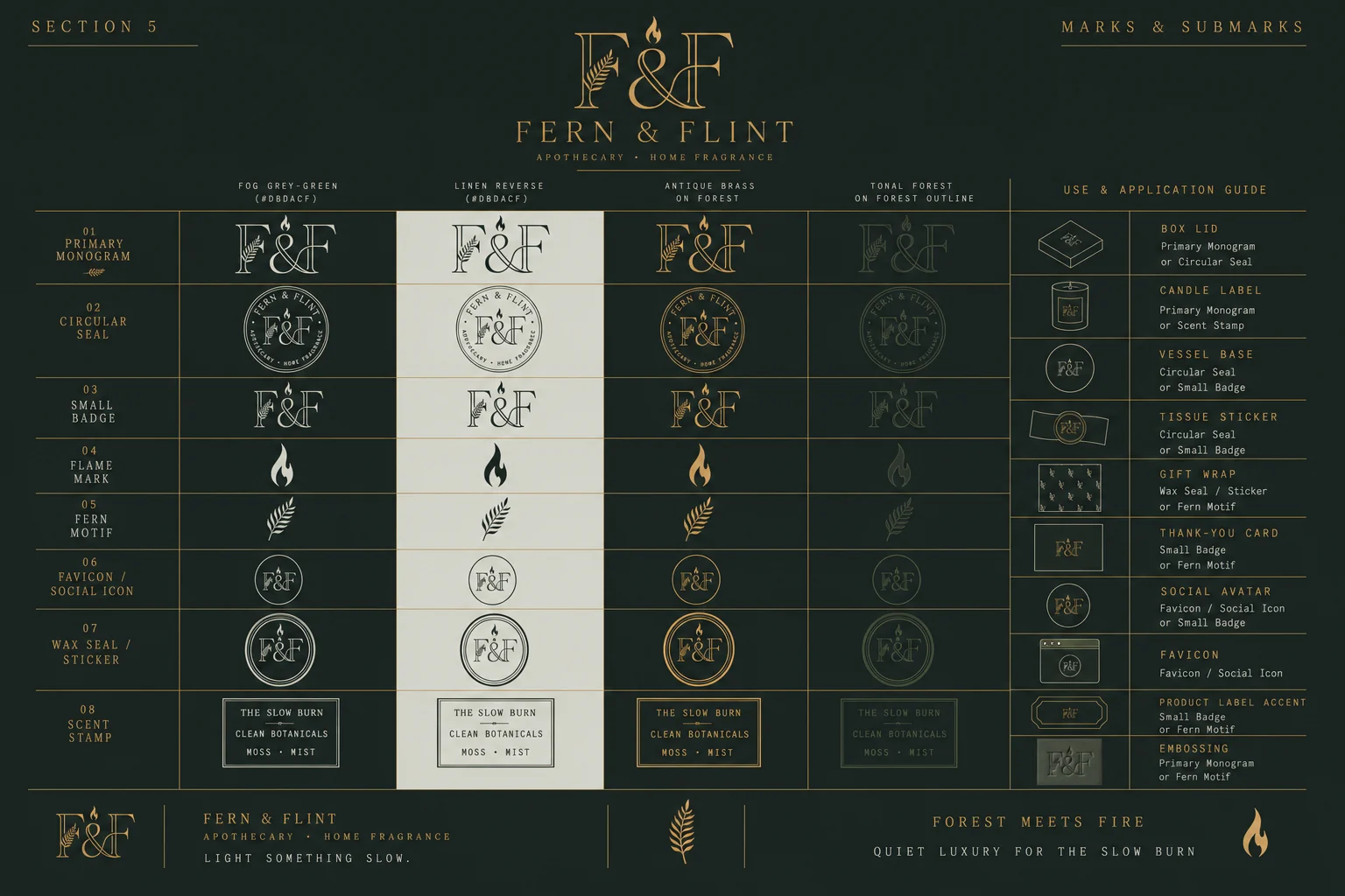 Fern & Flint marks and submarks — monogram, circular seal, small badge, flame mark, fern motif, favicon, wax seal and scent stamp across four colourways