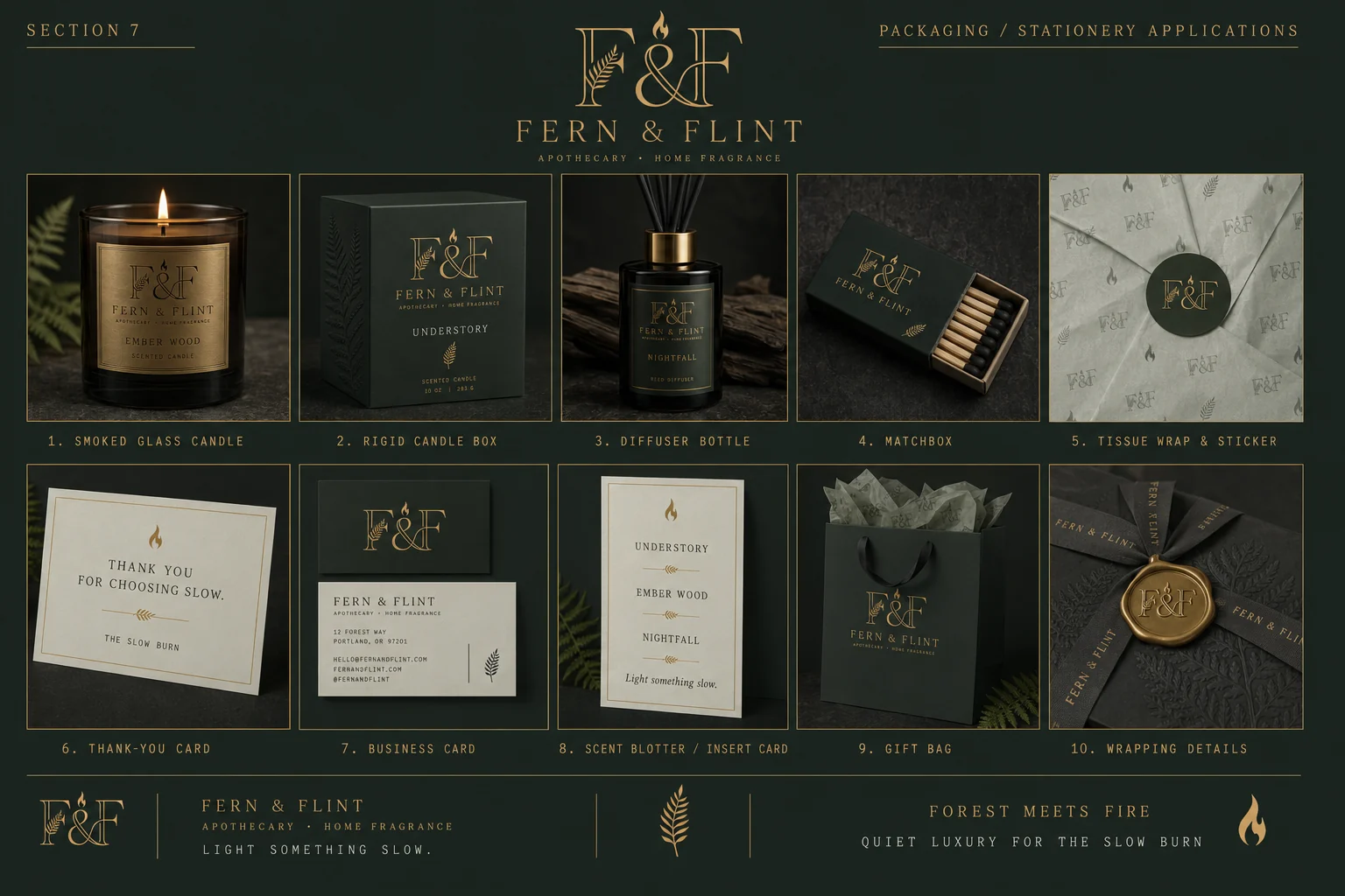 Fern & Flint packaging and stationery — smoked glass candle, rigid box, diffuser bottle, matchbox, tissue wrap, thank-you card, business card, gift bag and wax-sealed wrapping