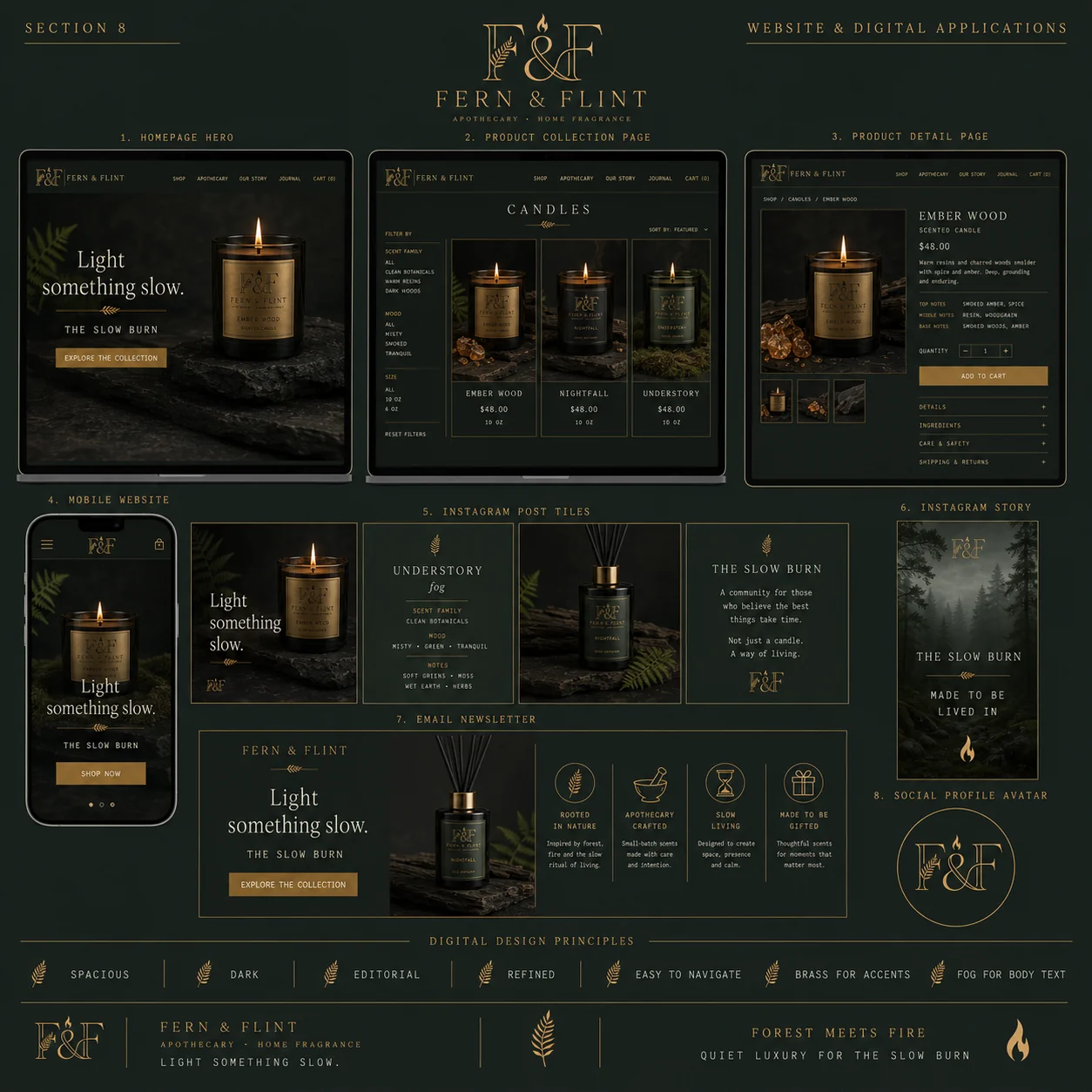 Fern & Flint digital applications — homepage hero, collection and product detail pages, mobile site, Instagram tiles and story, email newsletter and social avatar