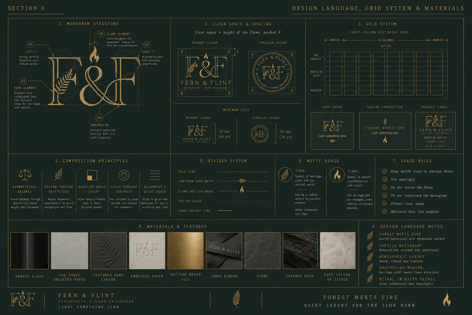 Fern & Flint design language — monogram construction, clear space, editorial grid, composition principles, divider system, motif rules and material palette