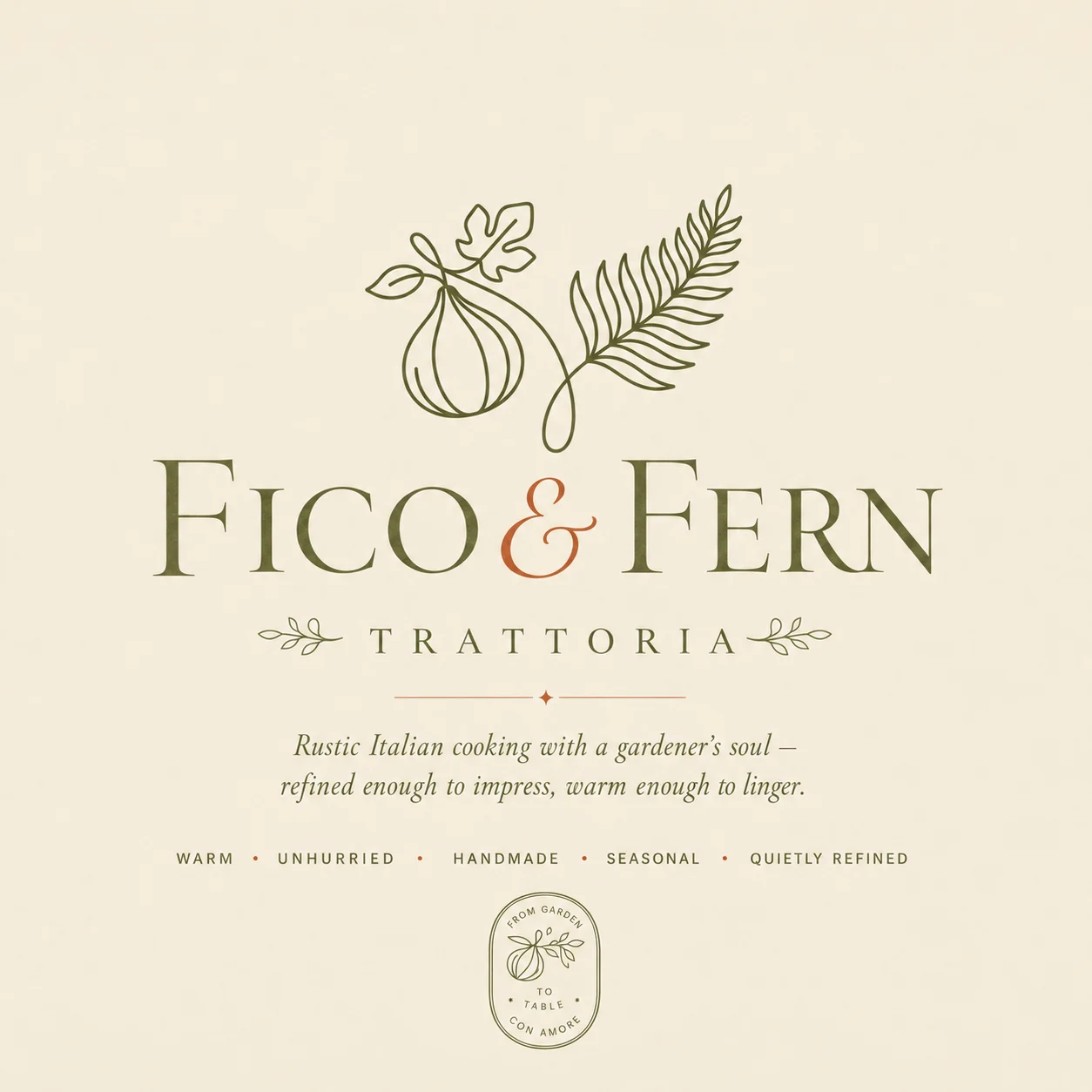 Fico & Fern primary logo — botanical fig-and-fern mark above a serif wordmark with terracotta ampersand
