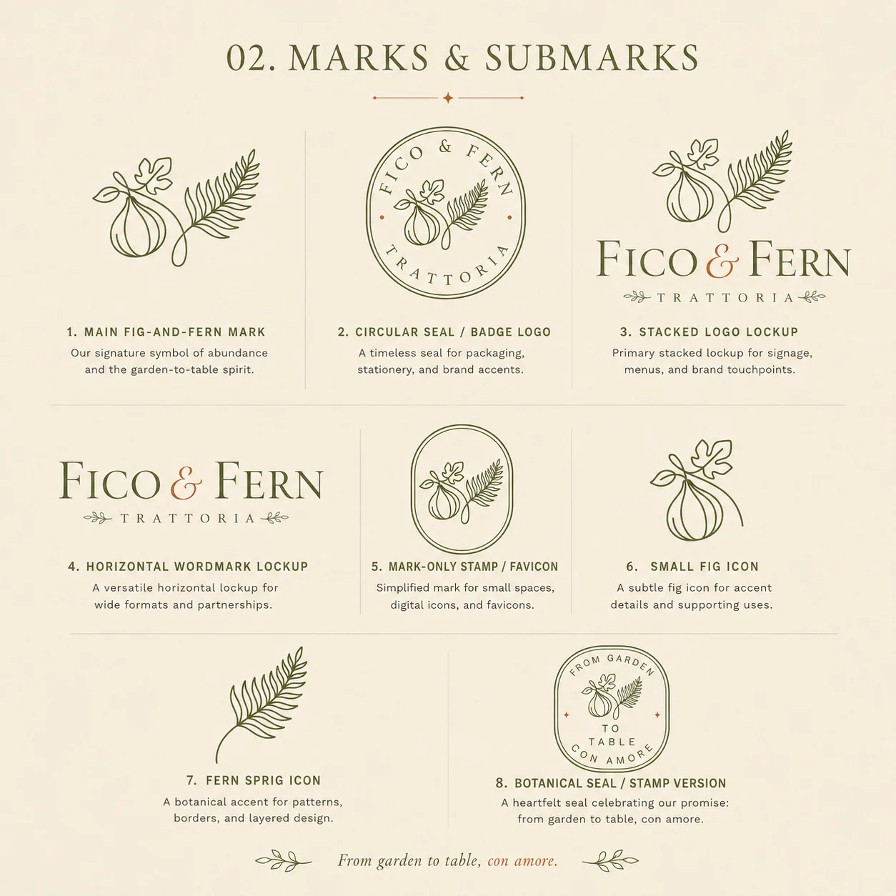 Fico & Fern marks and submarks — circular seal, stacked lockup, favicon stamp and botanical icons