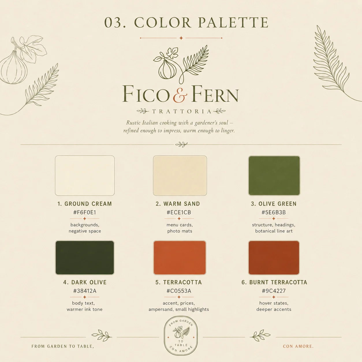 Fico & Fern colour palette — ground cream, warm sand, olive green, dark olive and terracotta