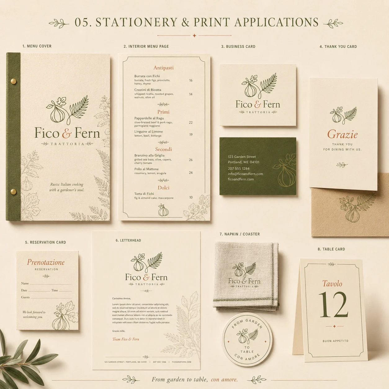 Fico & Fern stationery and print — menu cover, interior menu, business cards, letterhead and table cards