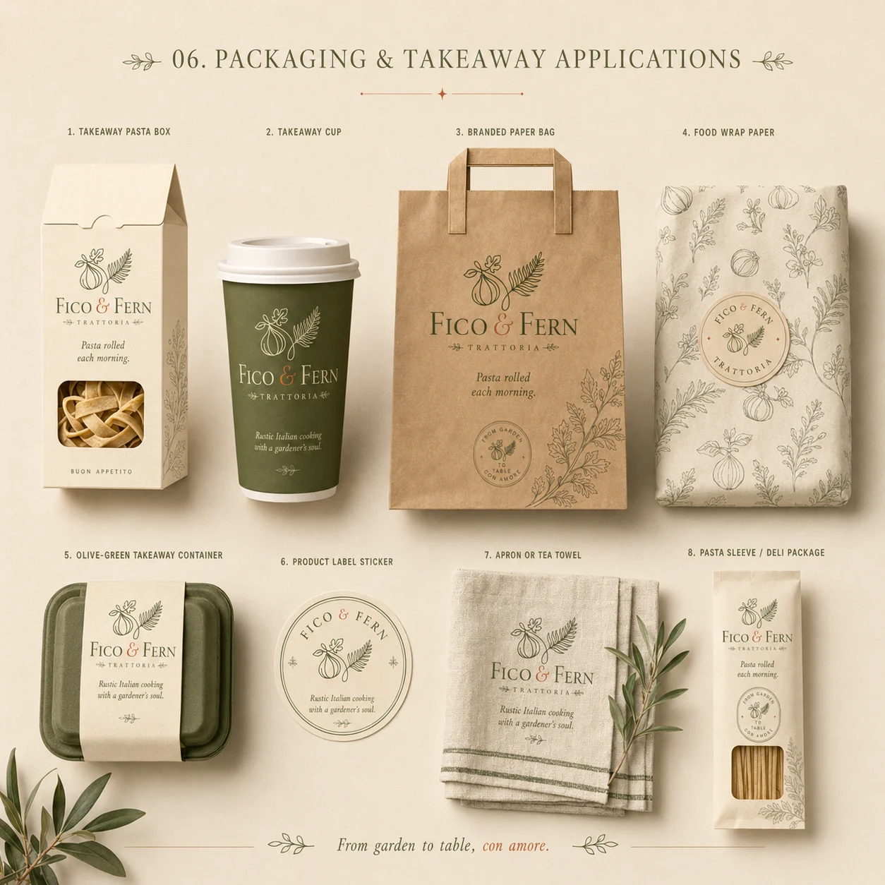 Fico & Fern packaging and takeaway — pasta box, cup, paper bag, wrap paper, apron and deli sleeve