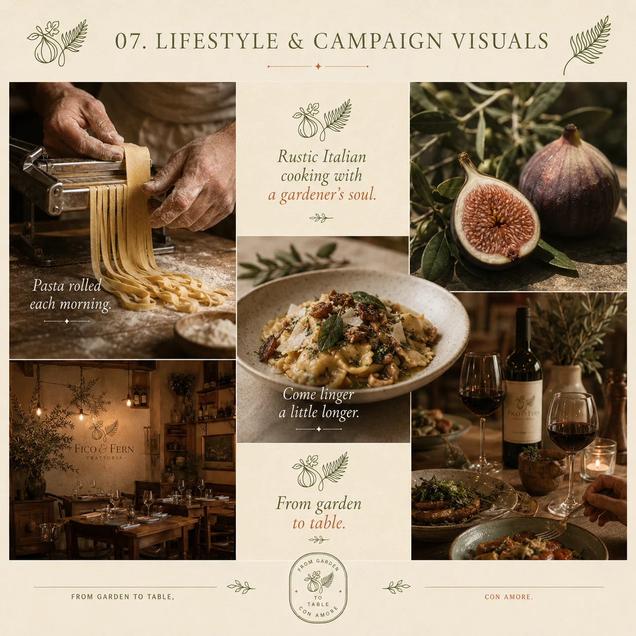 Fico & Fern lifestyle and campaign visuals — fresh pasta, figs, trattoria interior and a table set for dinner