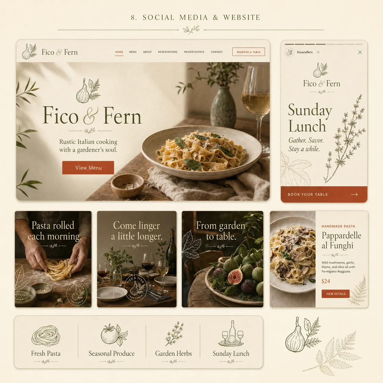 Fico & Fern website and social media — homepage hero, Instagram story, campaign tiles and menu cards