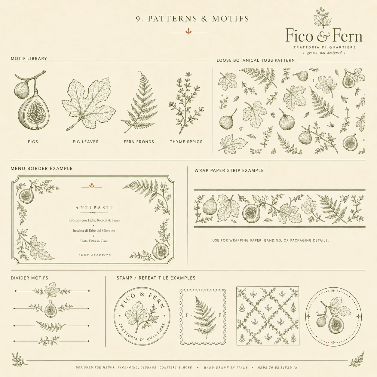 Fico & Fern patterns and motifs — botanical motif library, toss pattern, menu borders and repeat tiles