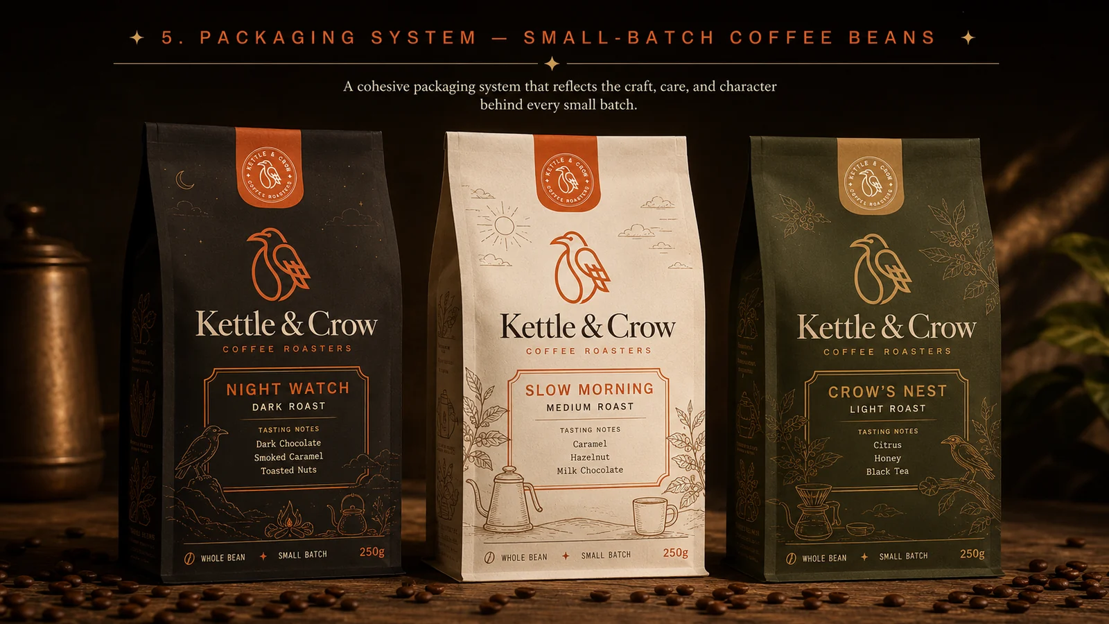 Kettle & Crow packaging system — three coffee bags in espresso, cream and olive with illustrated labels