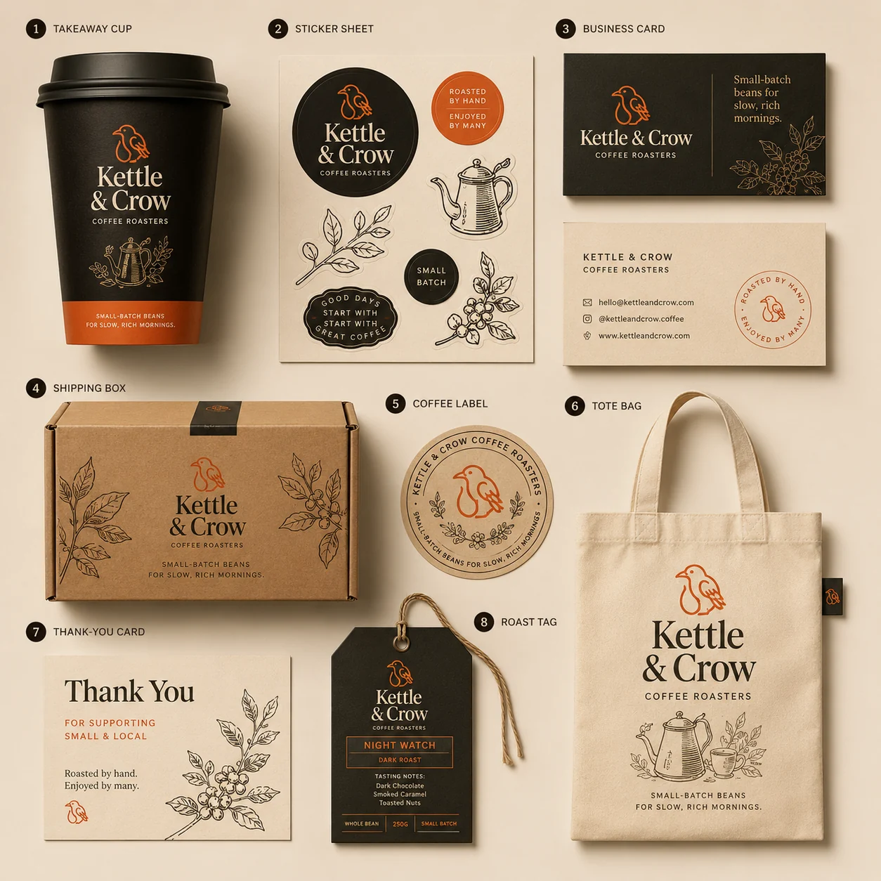 Kettle & Crow stationery flat lay — cup, stickers, cards, box, label and tote bag