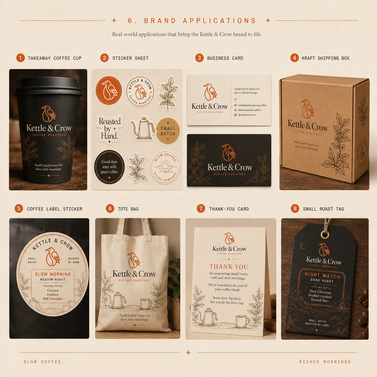 Kettle & Crow brand applications — takeaway cup, sticker sheet, business card, shipping box, tote and roast tag