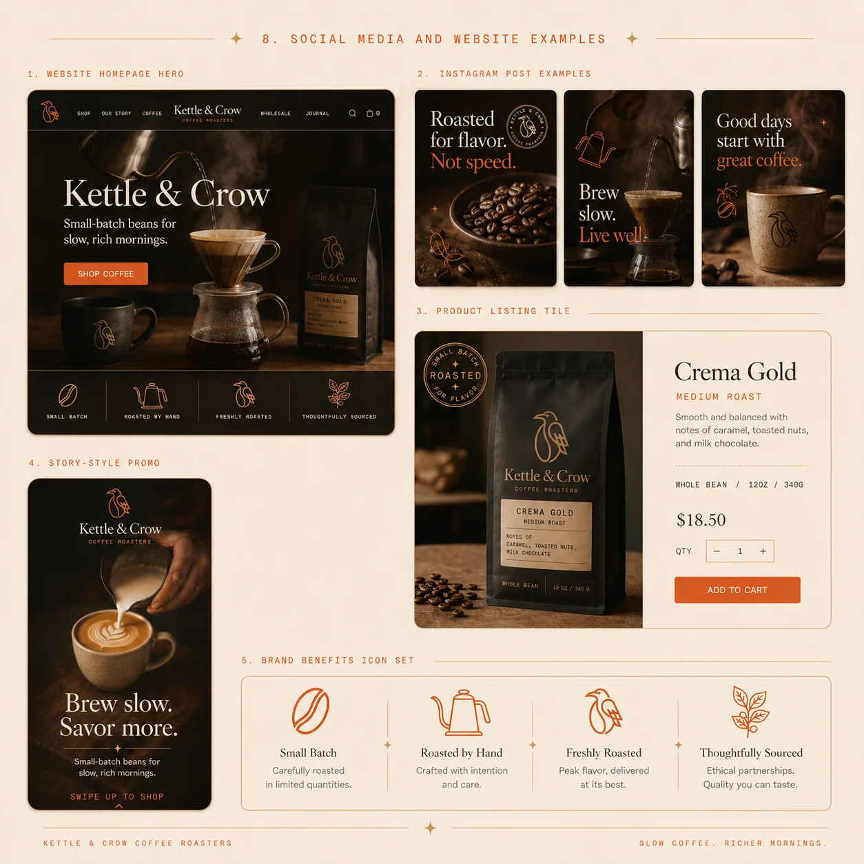 Kettle & Crow social media and website examples — homepage hero, Instagram posts and product listing