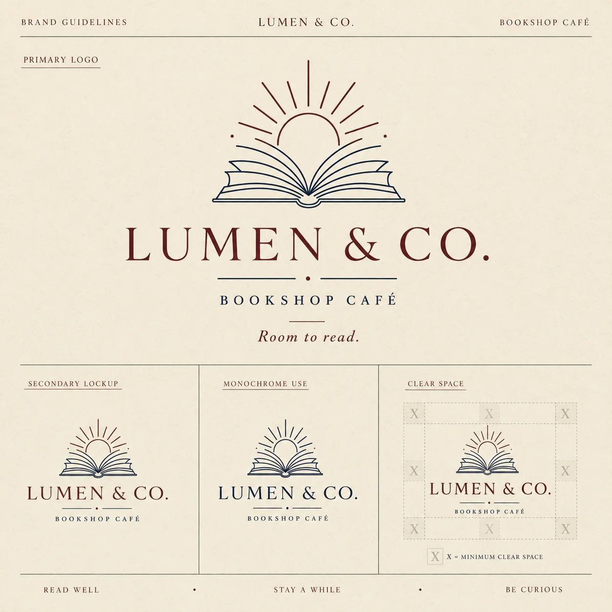 Lumen & Co. primary logo — open book with rising sun above a serif wordmark and Bookshop Café lockup