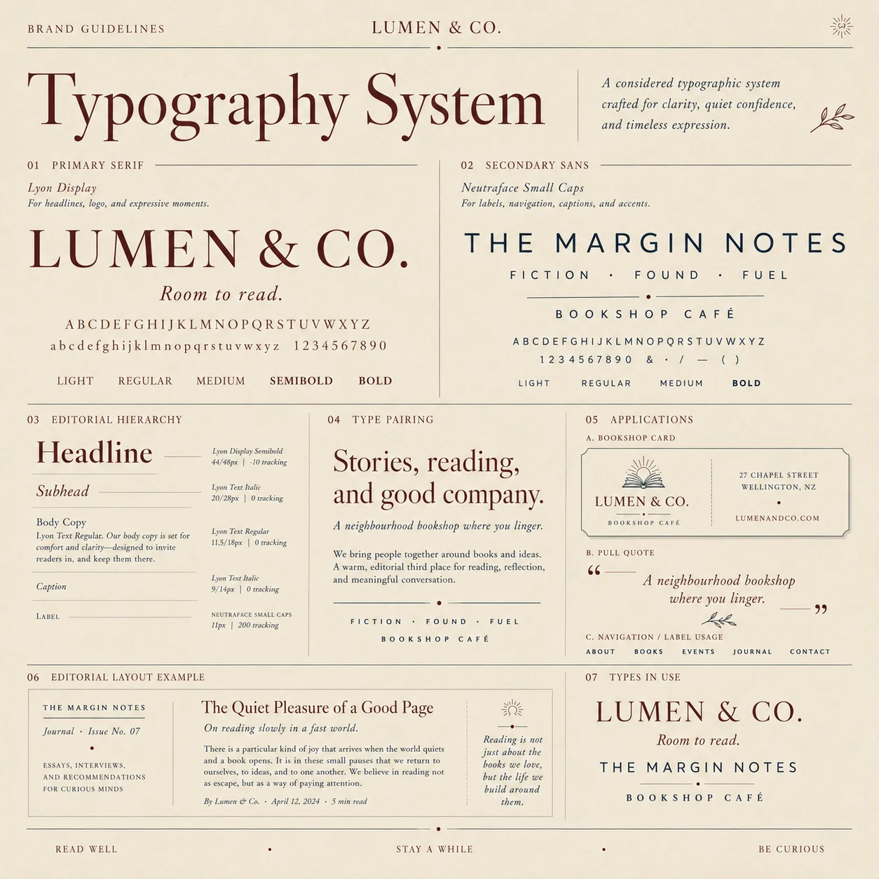 Lumen & Co. typography system — literary display serif with small-caps sans for labels and navigation