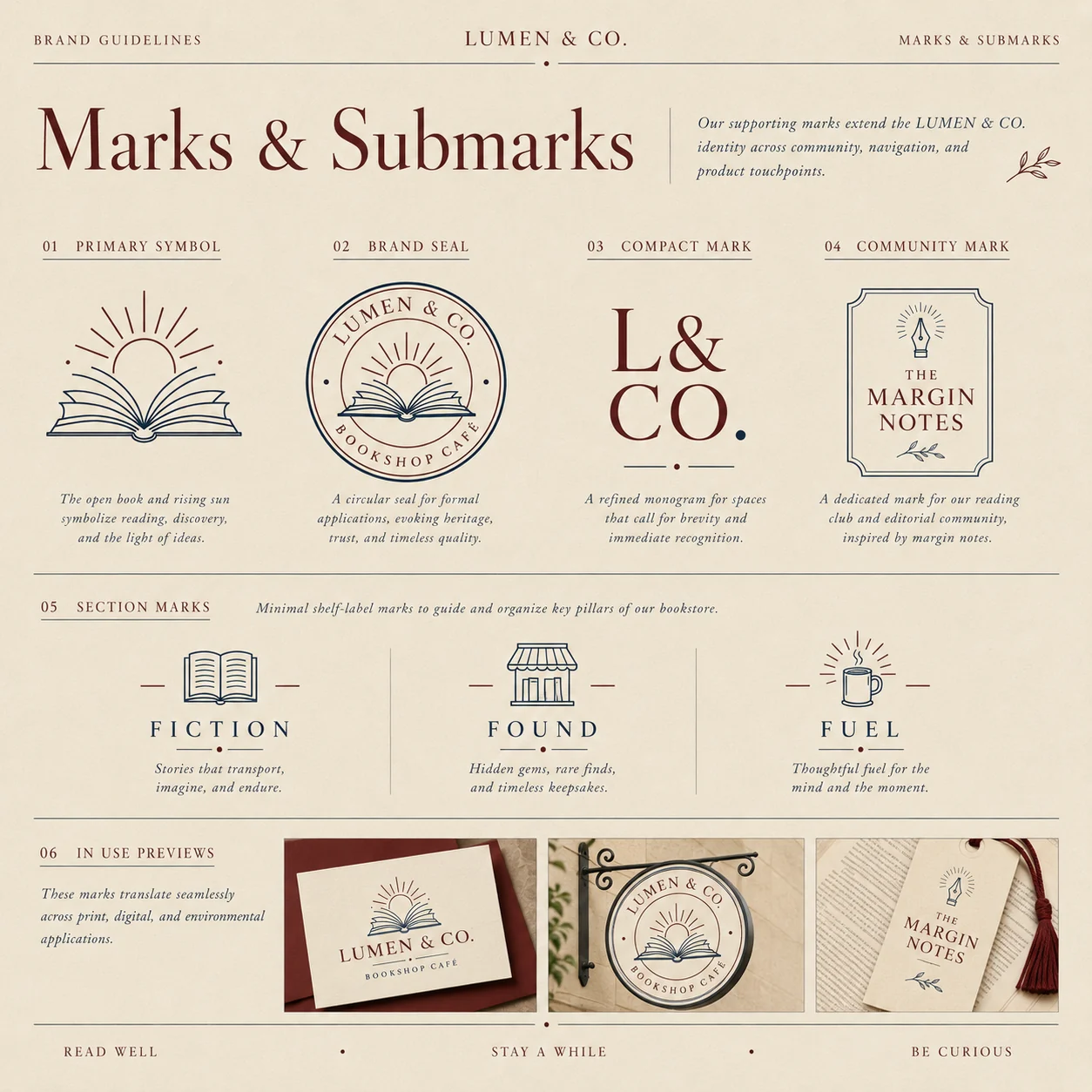 Lumen & Co. marks and submarks — primary symbol, circular brand seal, L&CO. monogram, The Margin Notes community mark and Fiction, Found and Fuel section marks