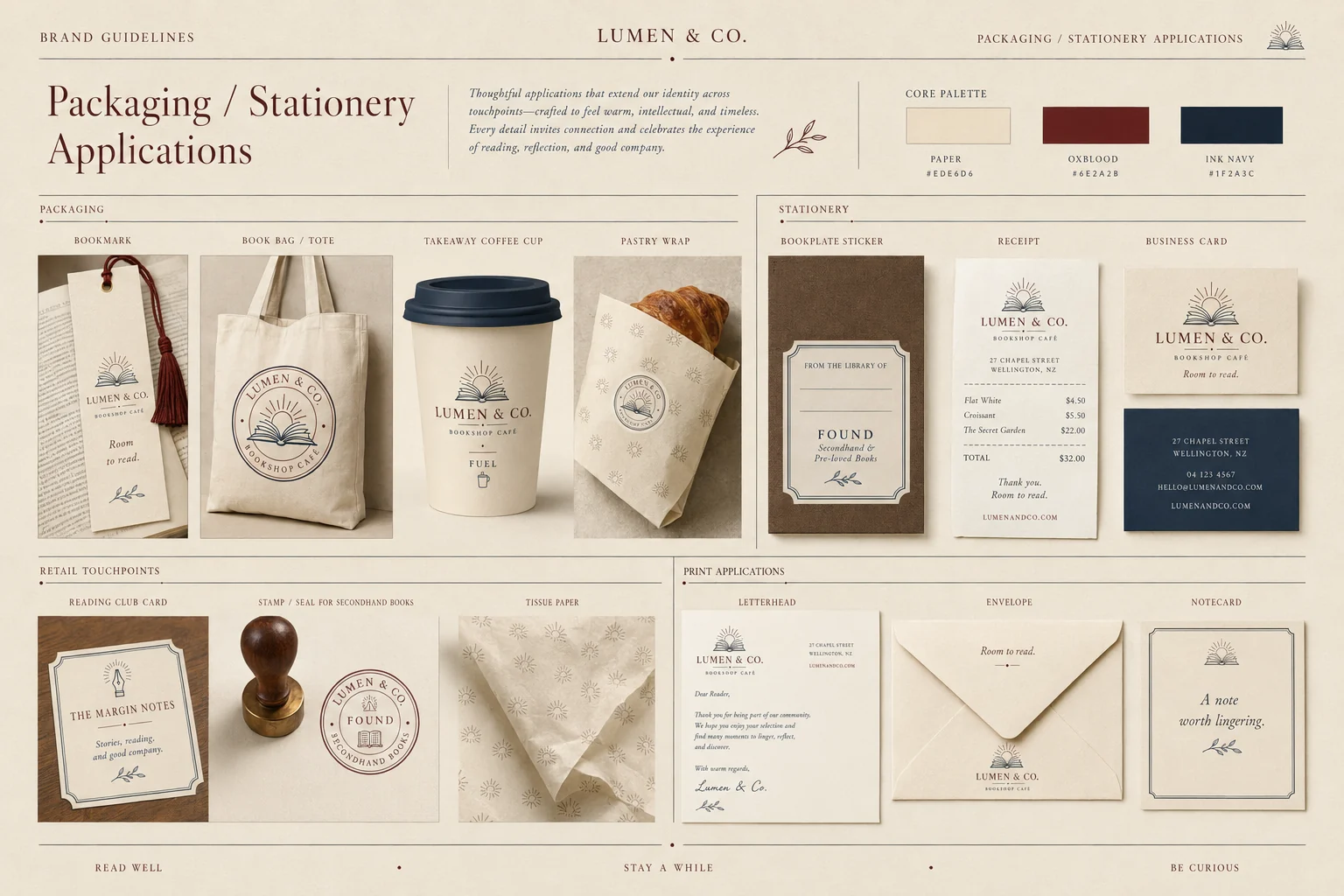 Lumen & Co. packaging and stationery — bookmark, tote, takeaway cup, pastry wrap, bookplate sticker, receipt, business cards and letterhead