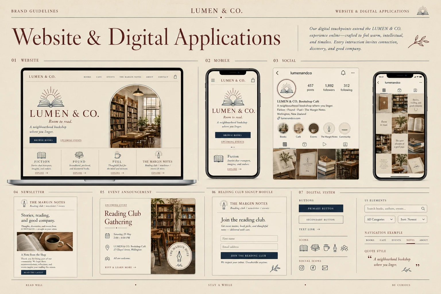 Lumen & Co. website and digital applications — desktop homepage, mobile site, Instagram profile, newsletter and reading club signup module