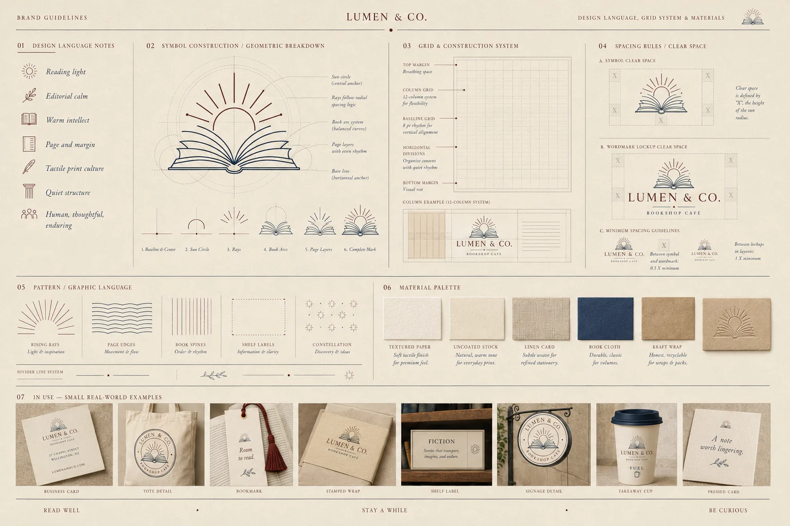 Lumen & Co. design language — symbol construction, 12-column grid, clear space rules, pattern library and material palette from textured paper to book cloth