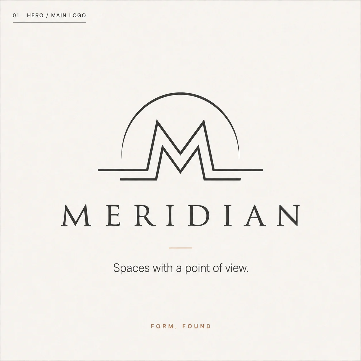 Meridian primary logo — monoline M mark with arc and horizon above a refined serif wordmark