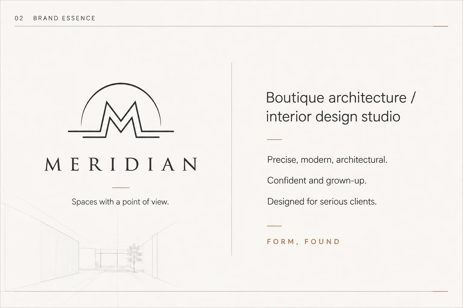Meridian brand essence — boutique architecture and interior design studio positioning
