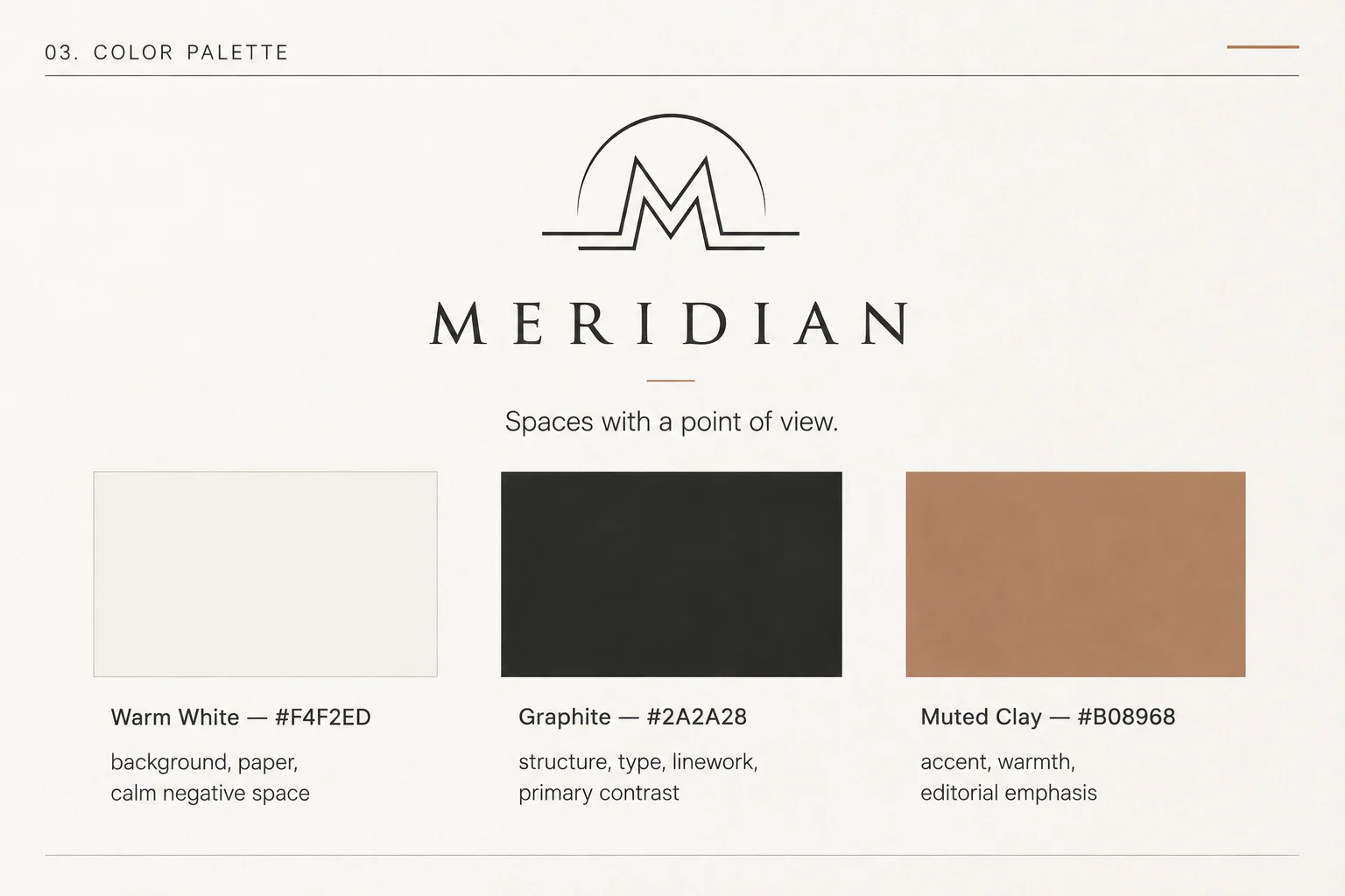 Meridian colour palette — warm white, graphite and muted clay