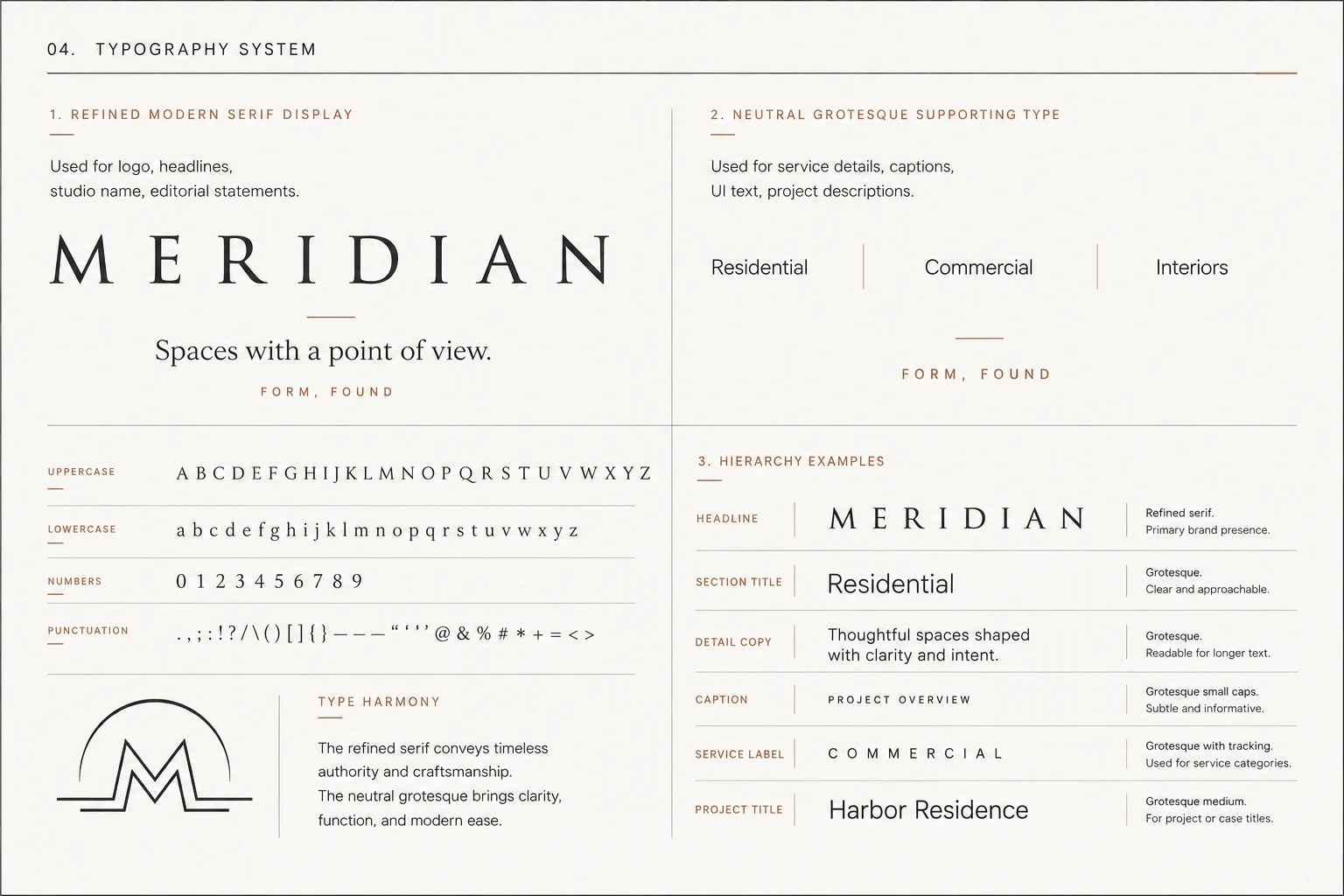 Meridian typography system — refined modern serif display with neutral grotesque support
