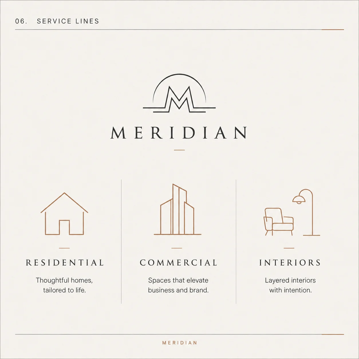 Meridian marks and submarks — primary symbol, monogram, compass mark, lockups, studio stamp and line icons