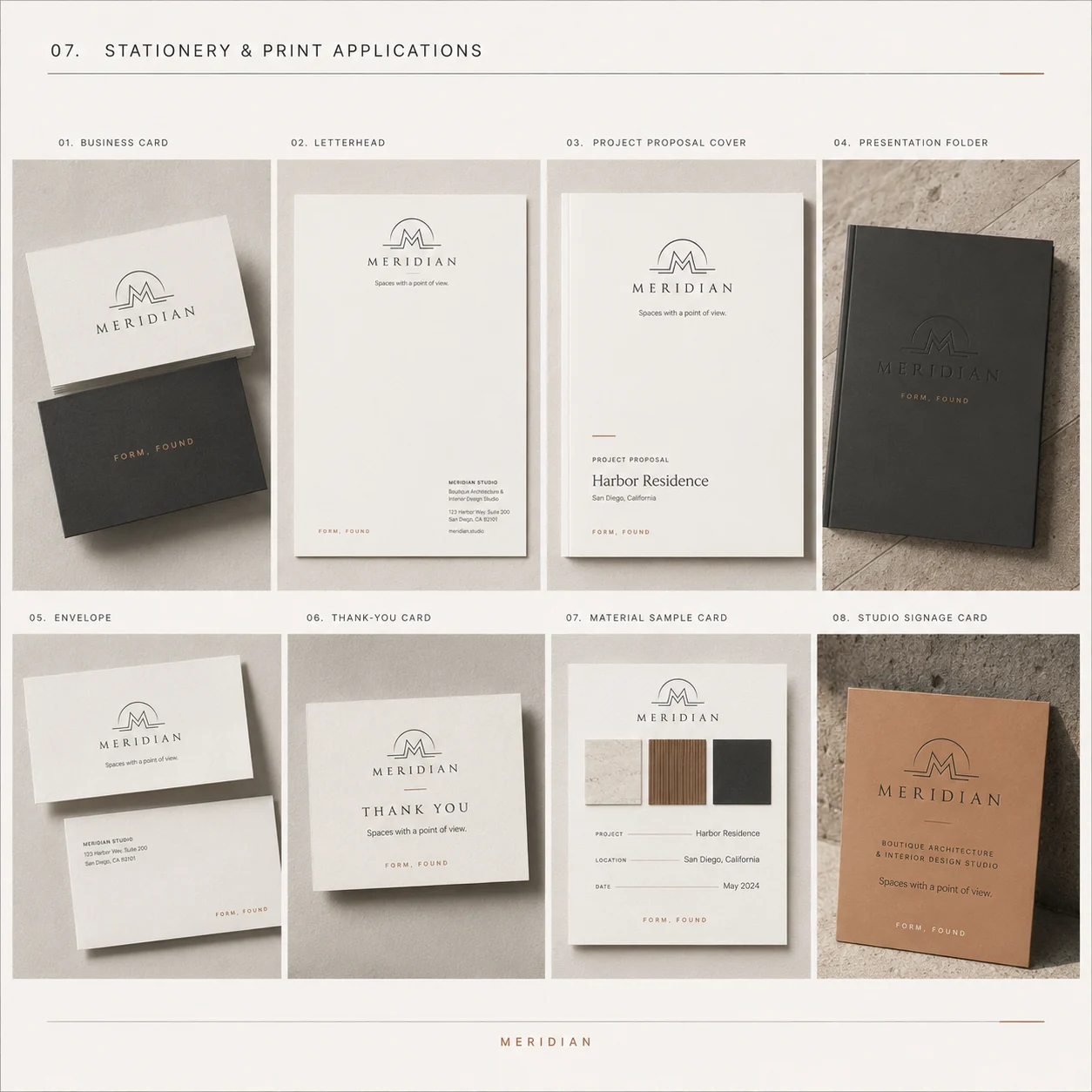 Meridian stationery and print — business cards, letterhead, proposal cover, folder and material sample card
