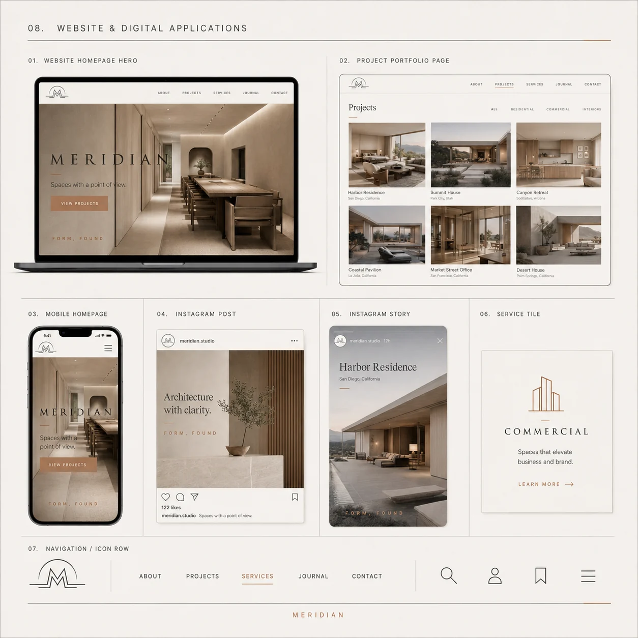 Meridian website and digital applications — homepage, project portfolio, mobile and social posts