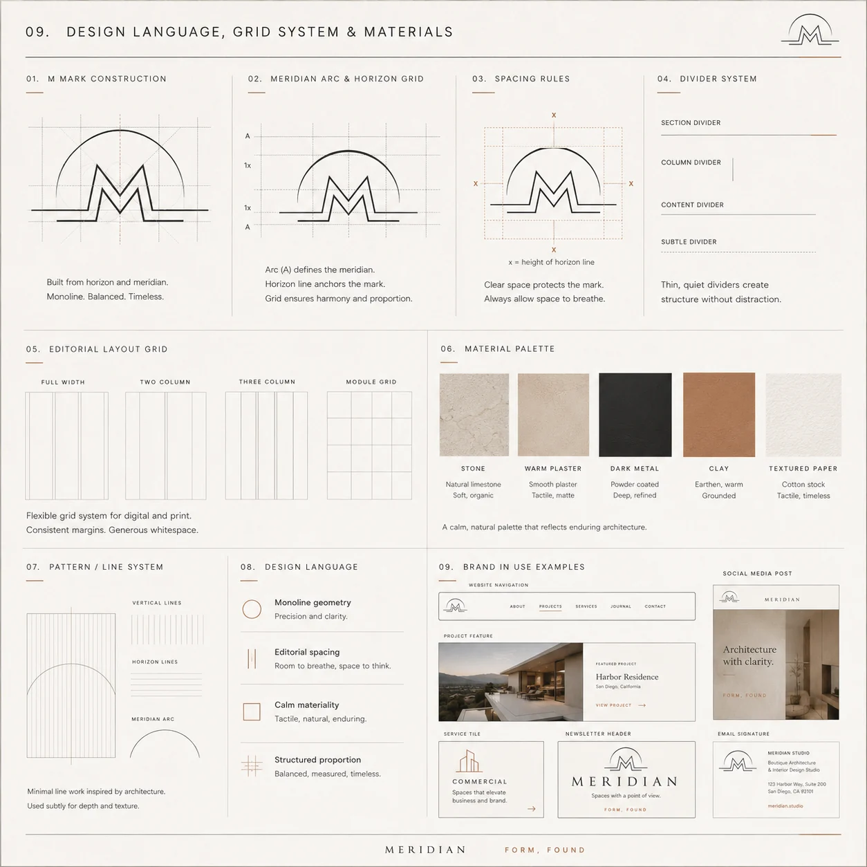 Meridian design language, grid system and materials — M mark construction, spacing rules and material palette
