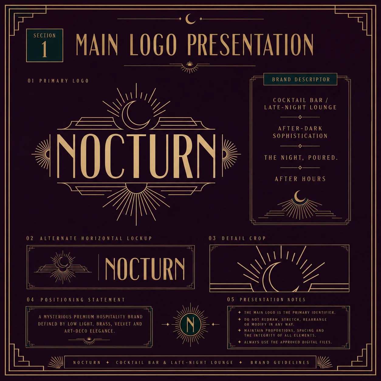 Nocturn primary logo presentation — art-deco wordmark with crescent moon and sunburst rays