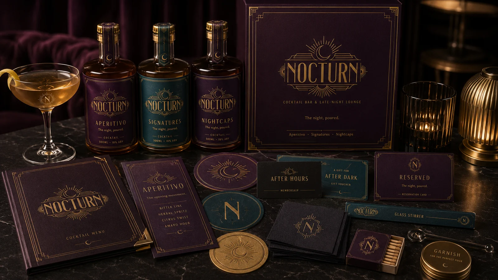 Nocturn cocktail bar branding — bottles, menus, coasters and gift box in deep plum and champagne gold