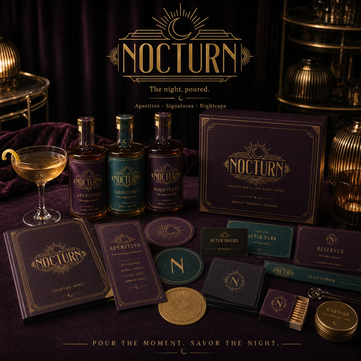 Nocturn full brand system — bottles, cocktail menu, gift box, coasters and membership cards on velvet