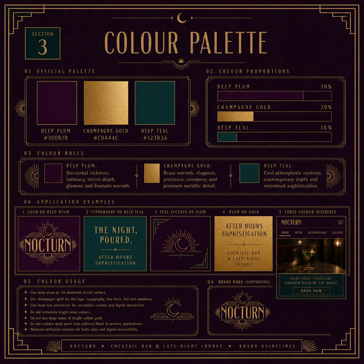Nocturn colour palette — deep plum, champagne gold and deep teal with usage proportions