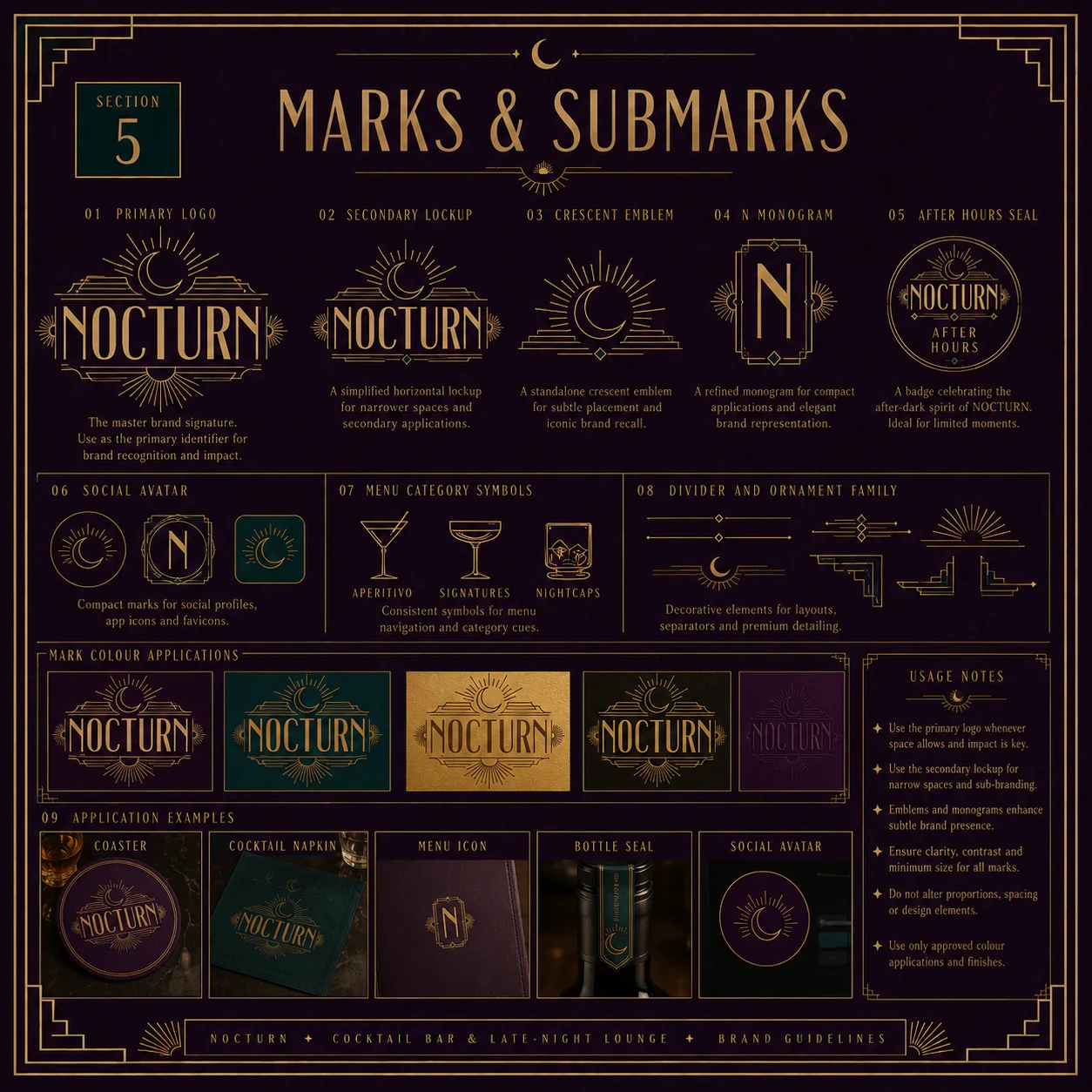 Nocturn marks and submarks — secondary lockup, crescent emblem, N monogram and After Hours seal