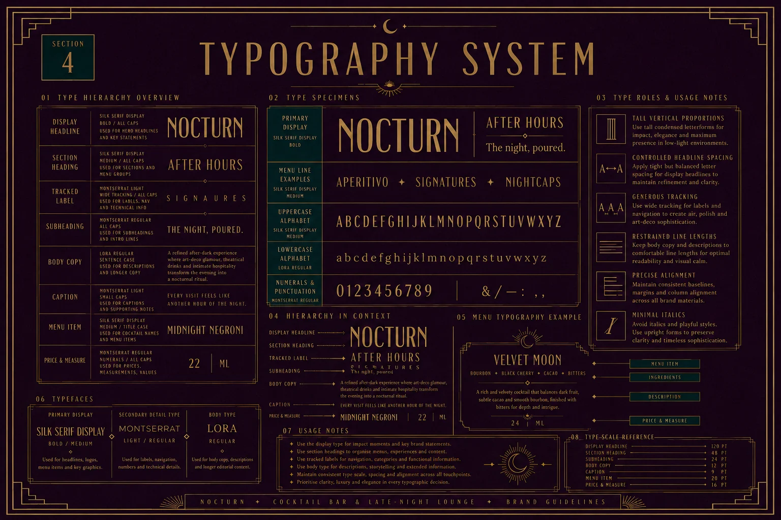 Nocturn typography system — display serif, Montserrat and Lora with full type hierarchy