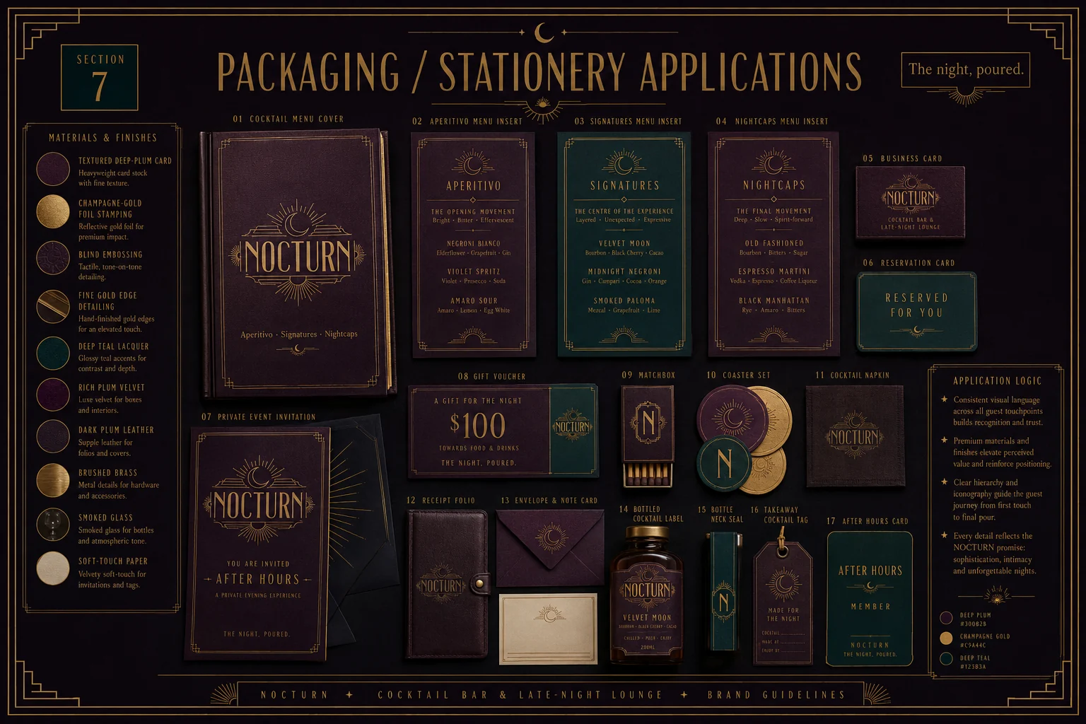 Nocturn packaging and stationery — menu covers, business cards, matchbox, coasters and bottle labels