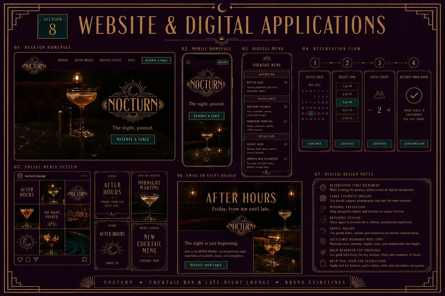 Nocturn website and digital applications — desktop and mobile homepage, digital menu and reservation flow