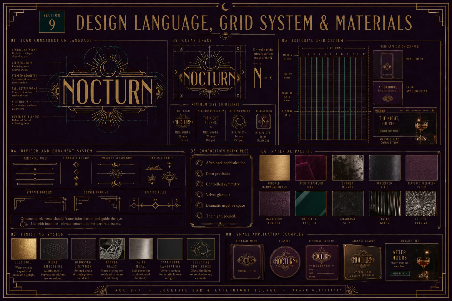 Nocturn design language — logo construction, clear space, grid system and material palette