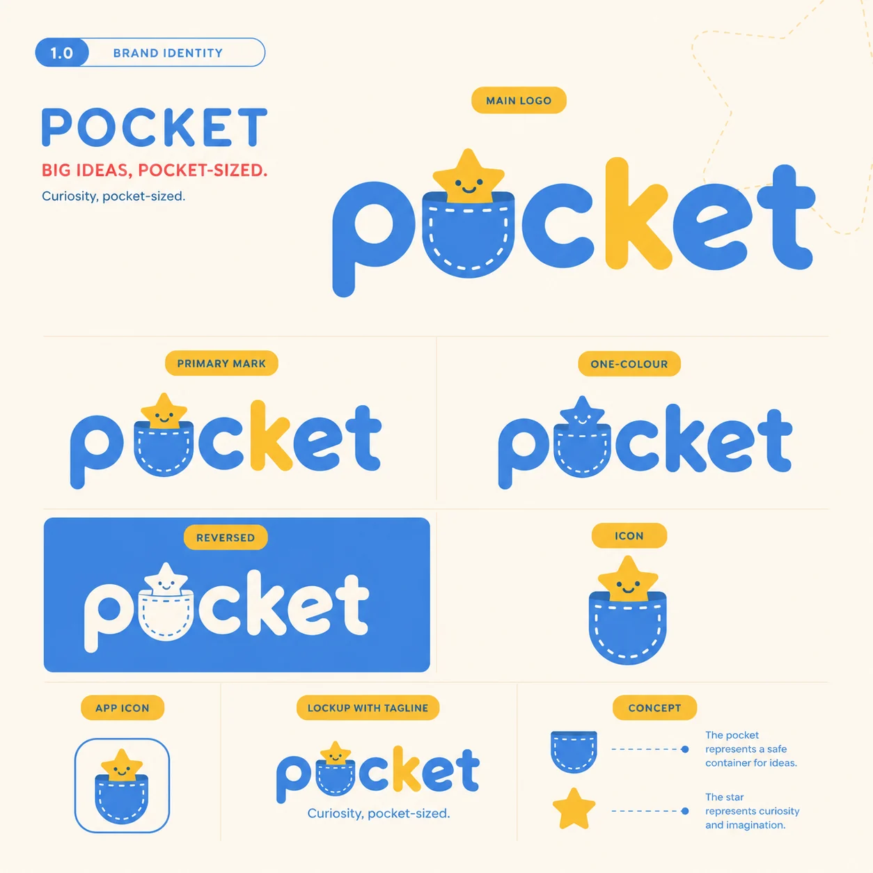 Pocket primary logo — rounded lowercase wordmark with a stitched pocket and smiling star inside the letter o, with one-colour, reversed and app icon variants