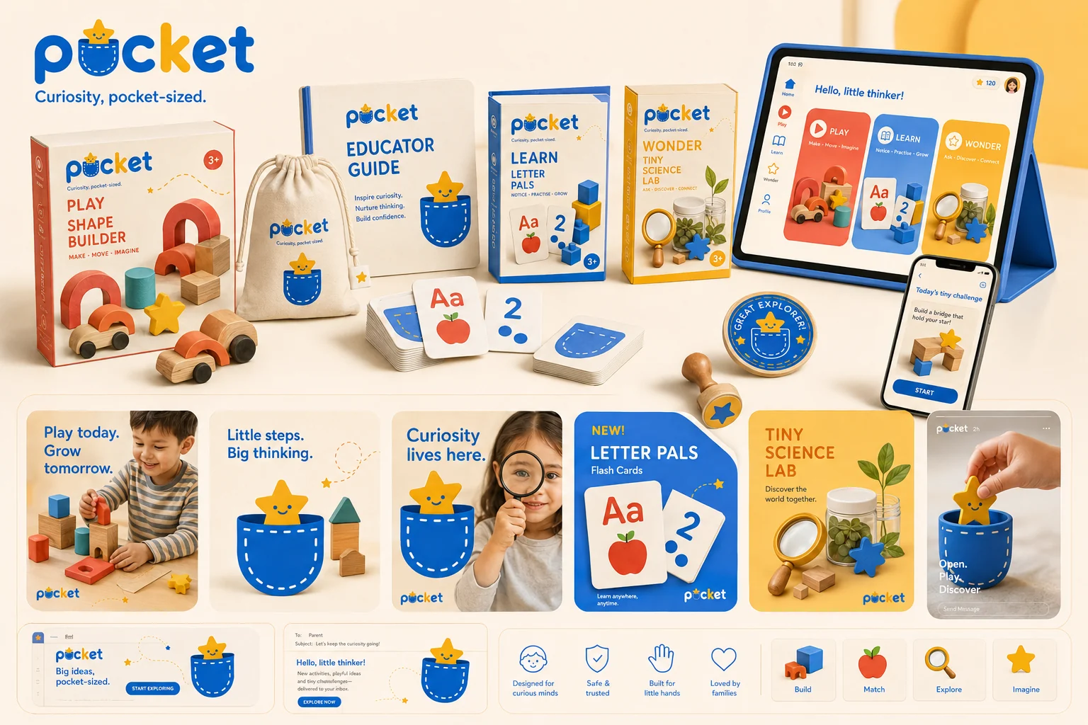 Pocket full brand system — Play, Learn and Wonder kits, wooden toys, learning cards, cotton pouch, app screens and social campaign
