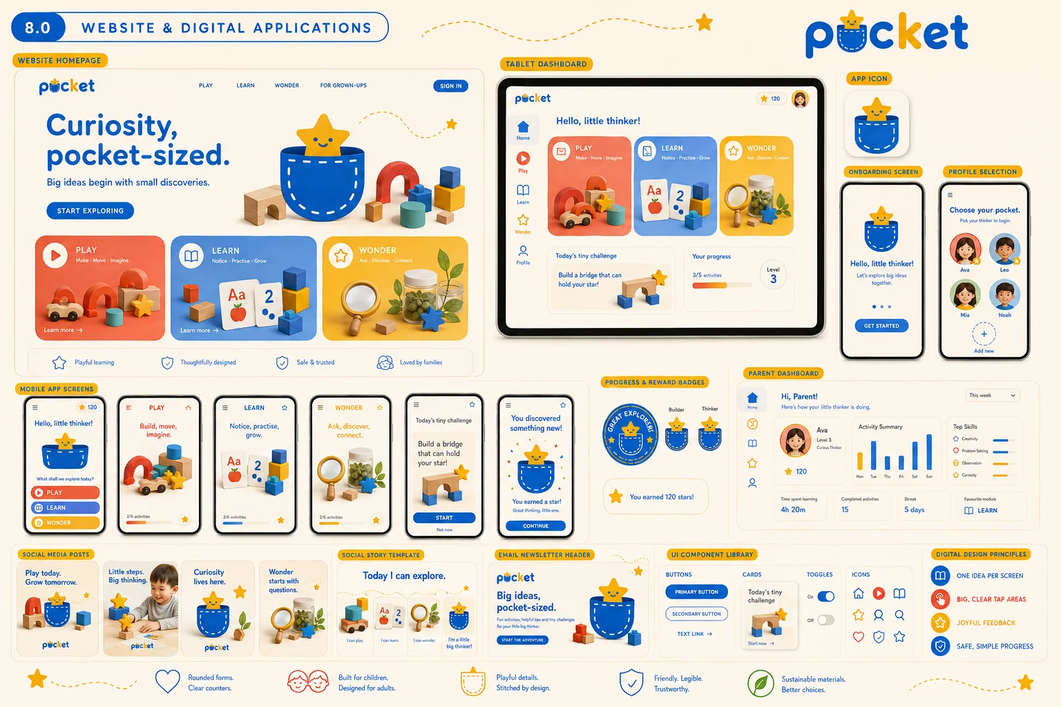 Pocket packaging and stationery — kit boxes for Shape Builder, Letter Pals and Tiny Science Lab, cotton pouch, guides, stickers, reward badges and safety information