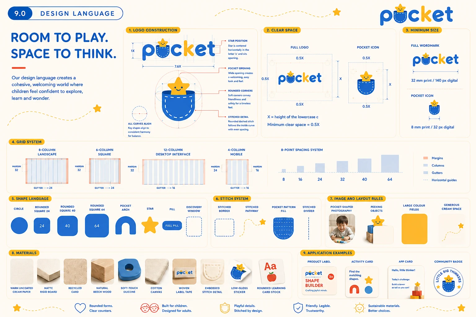 Pocket design language — logo construction, clear space, grid and 8-point spacing system, shape and stitch language, materials and application examples
